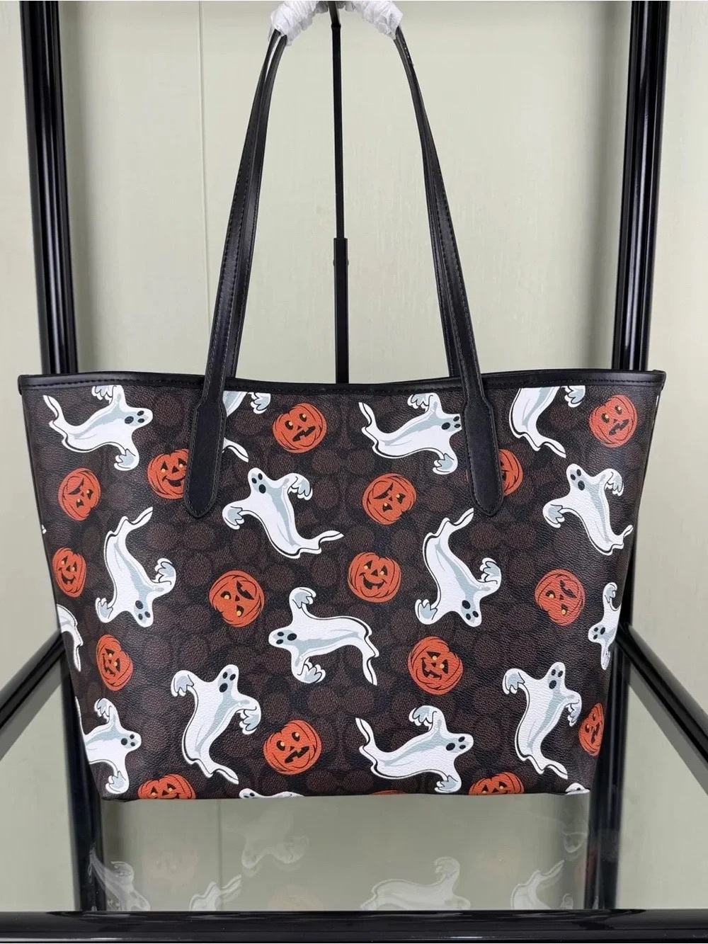 Coach Black Tote with White Ghosts & Orange Jack-O'-Lanterns